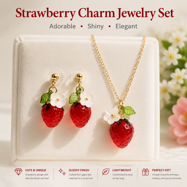 Cute Crystal Strawberry Pendant Jewelry Set for Women with Flower Berries Leaves Design Stud Earrings and