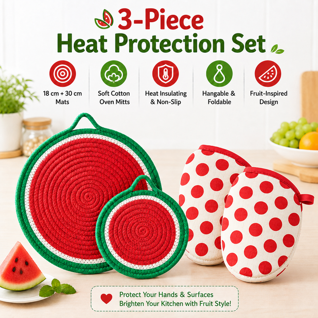3-Piece Watermelon Inspired Kitchen Heat Resistant Set with 18cm & 30cm Round Cotton Rope Woven
