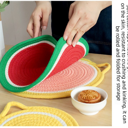 3-Piece Watermelon Inspired Kitchen Heat Resistant Set with 18cm & 30cm Round Cotton Rope Woven Trivets + 1 Pair Duckbill Oven Mitt - Foldable Table Protection Mats and Red Polka Dot Cooking Gloves, Perfect for Home Baking and Cooking Lover