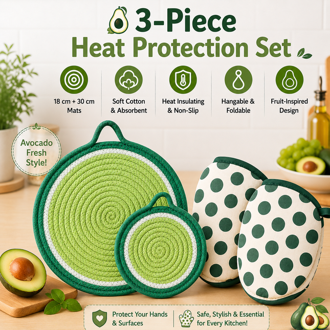 3-Piece Avocado Inspired Kitchen Heat Resistant Set with 18cm & 30cm Round Cotton Rope Woven