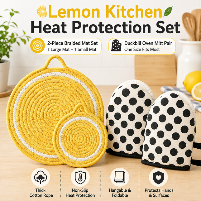 3-Piece Lemon Inspired Kitchen Heat Resistant Set with 18cm & 30cm Round Cotton Rope Woven