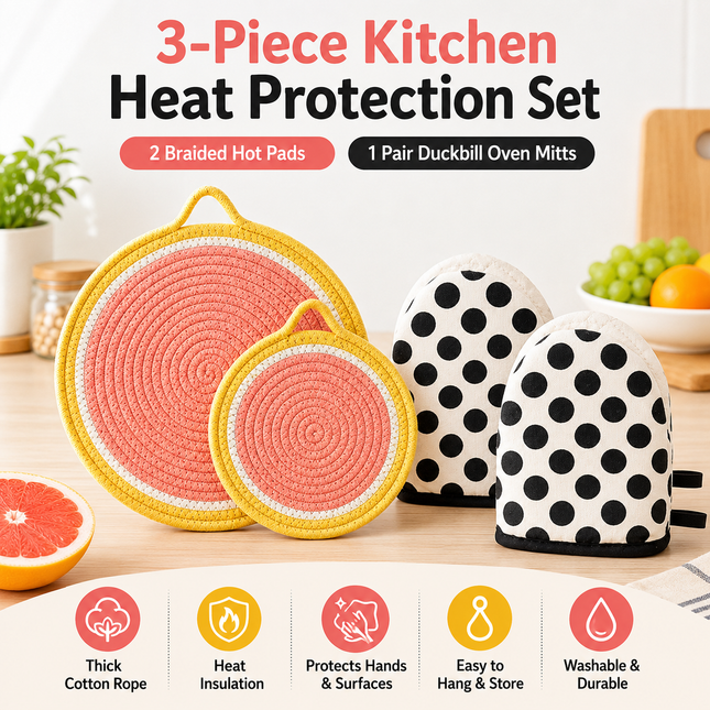 3-Piece Grapefruit Inspired Kitchen Heat Resistant Set with 18cm & 30cm Round Cotton Rope Woven