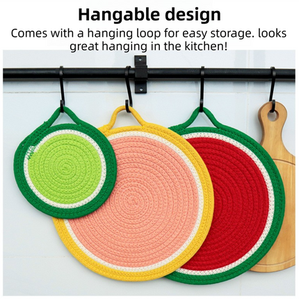 3-Piece Grapefruit Inspired Kitchen Heat Resistant Set with 18cm & 30cm Round Cotton Rope Woven Trivets + 1 Pair Duckbill Oven Mitt - Foldable Table Protection Mats and Black Polka Dot Cooking Gloves, Perfect for Home Baking and Cooking Lover