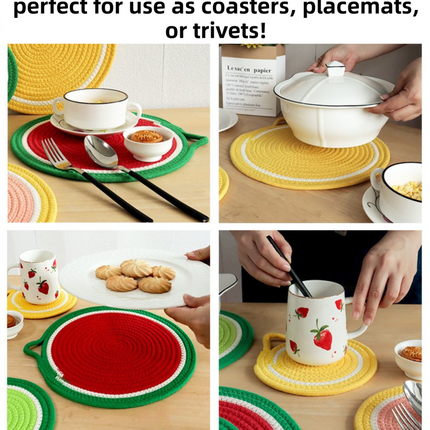 3-Piece Grapefruit Inspired Kitchen Heat Resistant Set with 18cm & 30cm Round Cotton Rope Woven Trivets + 1 Pair Duckbill Oven Mitt - Foldable Table Protection Mats and Black Polka Dot Cooking Gloves, Perfect for Home Baking and Cooking Lover