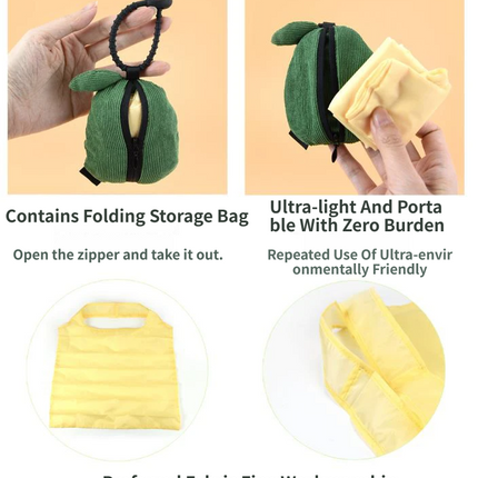 Portable Cute Lemon Corduroy Storage Pouch with Zipper and Hidden Folding Shopping Bag - Lightweight Reusable Eco Grocery Tote Bag with Fruit Charm for Shopping, Travel, Books, iPad and Daily Essentials