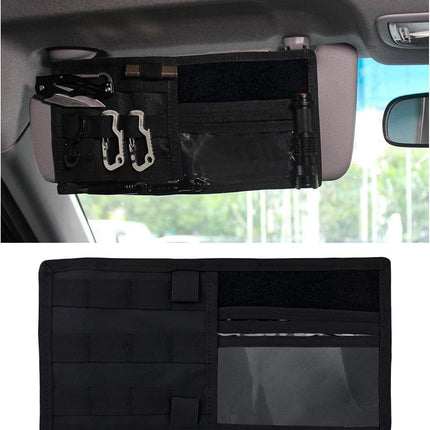 Black Tactical Molle Car Sun Visor Organizer Panel – Durable Nylon Vehicle Storage Pouch with Adjustable Buckle, Loop Panelled EDC Pockets and Pen Sheath for Cars, Trucks, SUVs and Daily Driving Essentials