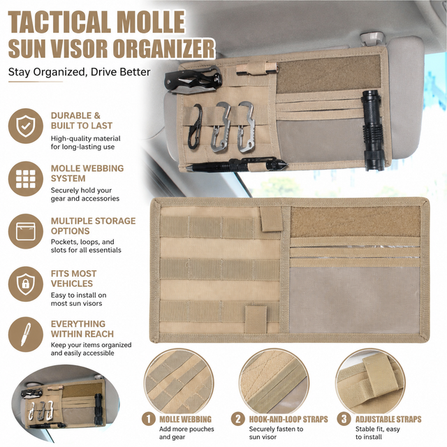 Khaki Tactical Molle Car Sun Visor Organizer Durable Nylon Vehicle Storage Pouch with Adjustable