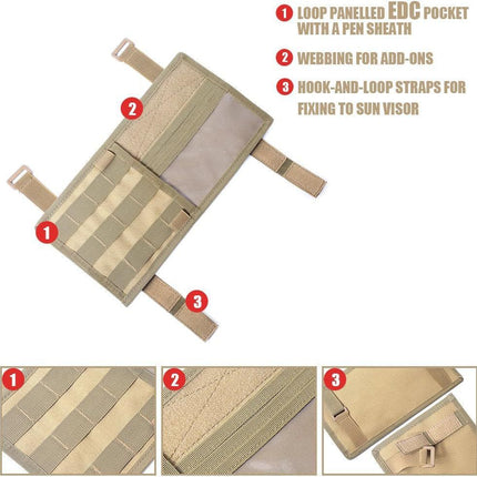 Khaki Tactical Molle Car Sun Visor Organizer – Durable Nylon Vehicle Storage Pouch with Adjustable Buckle, Loop Panelled EDC Pockets and Pen Sheath for Cars, Trucks, SUVs and Daily Driving Essentials