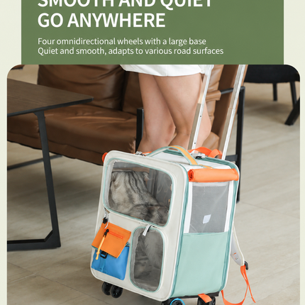 Orange and Grey Large Space Pet Carrier Trolley – Foldable Cat Carrier Backpack with Breathable Side Mesh & View Window, Silent Rolling Wheels, Storage Pocket and Removable Bottom Pad for Dog and Cat, 42 x 36 x 27CM