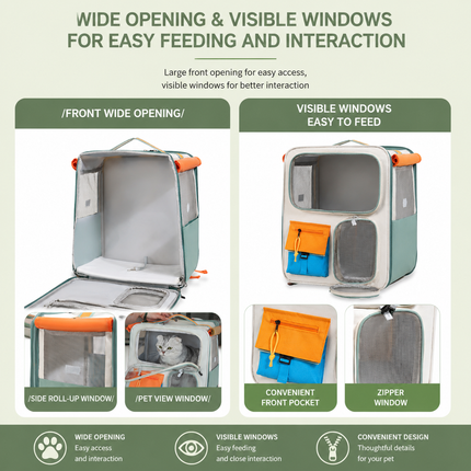Orange and Grey Large Space Pet Carrier Backpack – Foldable Cat Carrier Bag with Breathable Side Mesh & View Window, Storage Pocket and Removable Bottom Pad for Dog and Cat, 42 x 36 x 27CM