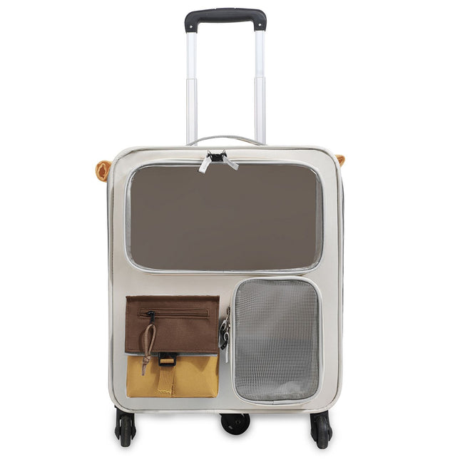 Brown and Grey Large Space Pet Carrier Trolley Foldable Cat Carrier Backpack with Breathable Side