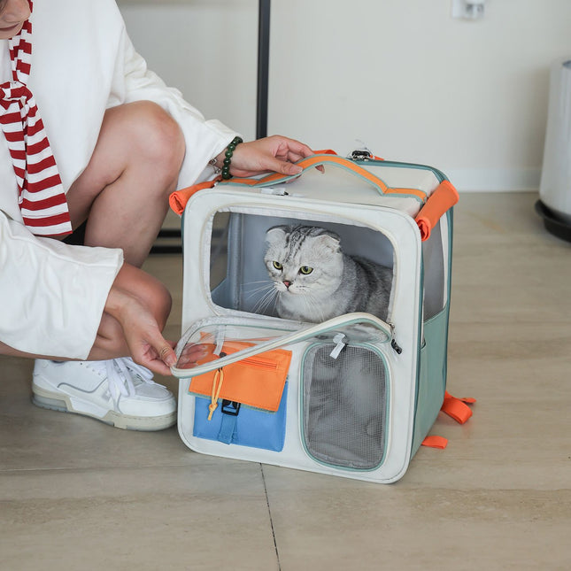 Brown and Grey Large Space Pet Carrier Trolley Foldable Cat Carrier Backpack with Breathable Side – product detail