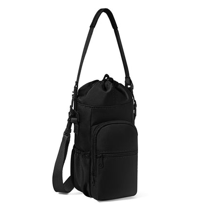 2-Pack Black Muti-Pockets Insulated Water Bottle Holder and Adjustable Phone Crossbody Bag – 40oz Bottle Large Waterproof Cooler Sling Bag with Drawstring Closure and PE Cotton and Aluminium Foil Lining