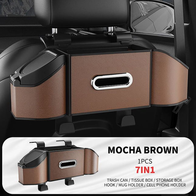 Mocha Brown Multifunctional Car Seat Back Storage Boxand Trash Can PVC Leather Vehicle Hanging