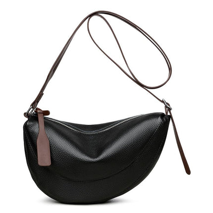 Black Stylish Genuine Leather Crescent Shape Shoulder Bag for Women Compact Grained Cowhide