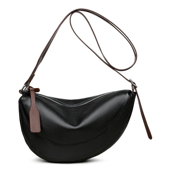 Black Stylish Genuine Leather Crescent Shape Shoulder Bag for Women Compact Grained Cowhide