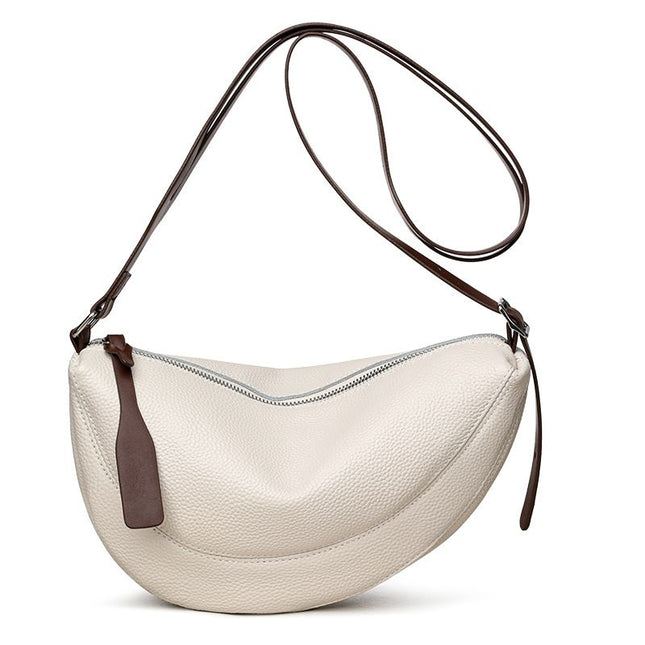 White Stylish Genuine Leather Crescent Shape Shoulder Bag for Women Compact Grained Cowhide