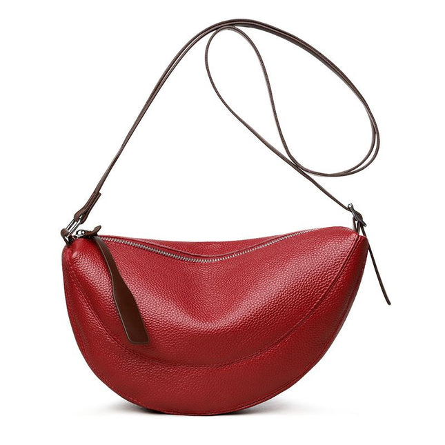 Red Stylish Genuine Leather Crescent Shape Shoulder Bag for Women Compact Grained Cowhide