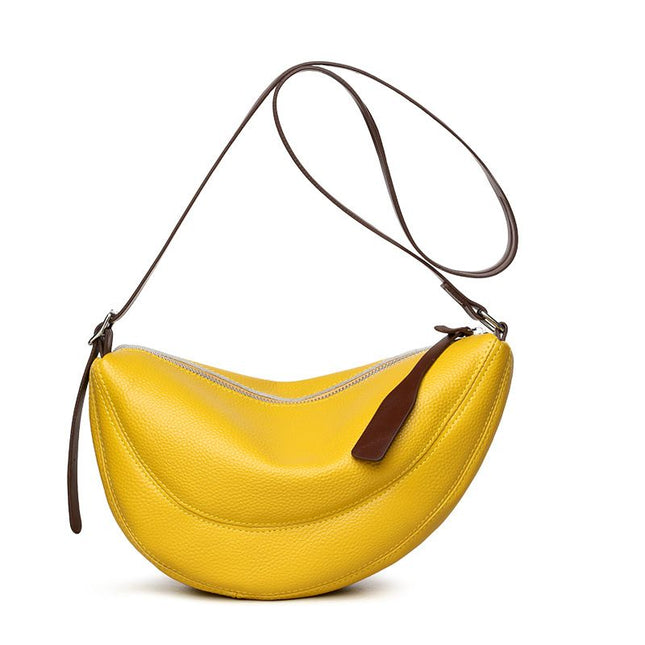 Yellow Stylish Genuine Leather Crescent Shape Shoulder Bag for Women Compact Grained Cowhide