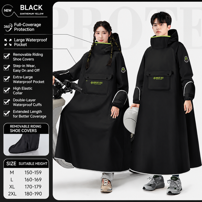 Black Full Coverage & Extended Cycling Hooded Rain Poncho with Detachable Shoe Covers L Size