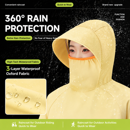 Yellow Full Coverage & Extended Cycling Hooded Rain Poncho with Detachable Shoe Covers, XL Size – Thickened Waterproof Oxford Motorcycle Raincoat with Face-Protection Elastic Collar, Large Storage Pocket and Foldable Sleeve Cover for Men Women Outdoor Use