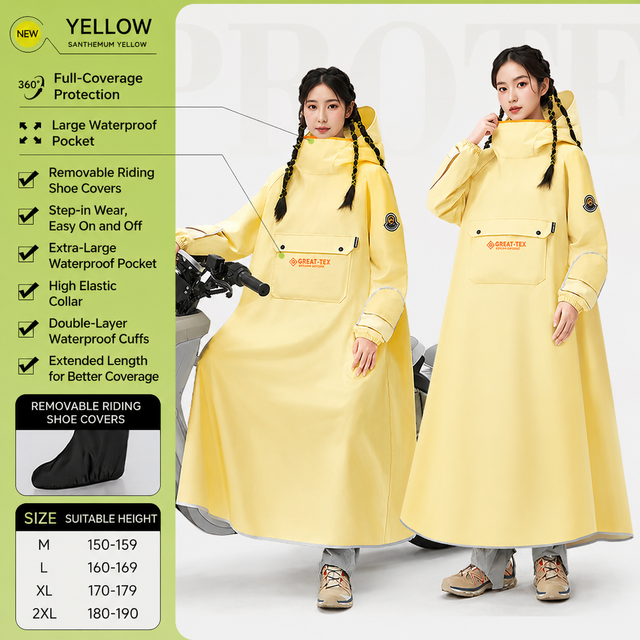 Yellow Full Coverage & Extended Cycling Hooded Rain Poncho with Detachable Shoe Covers 2XL Size