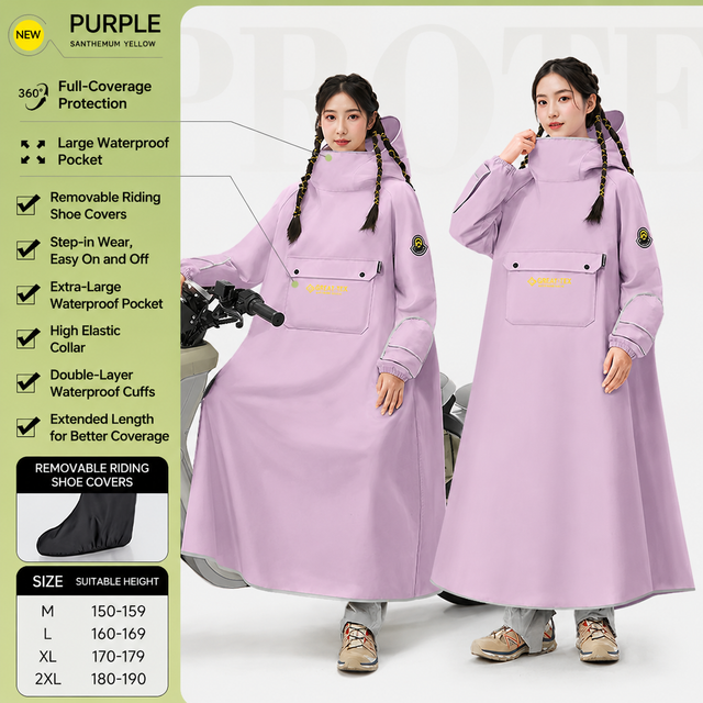 Purple Full Coverage & Extended Cycling Hooded Rain Poncho with Detachable Shoe Covers XL Size
