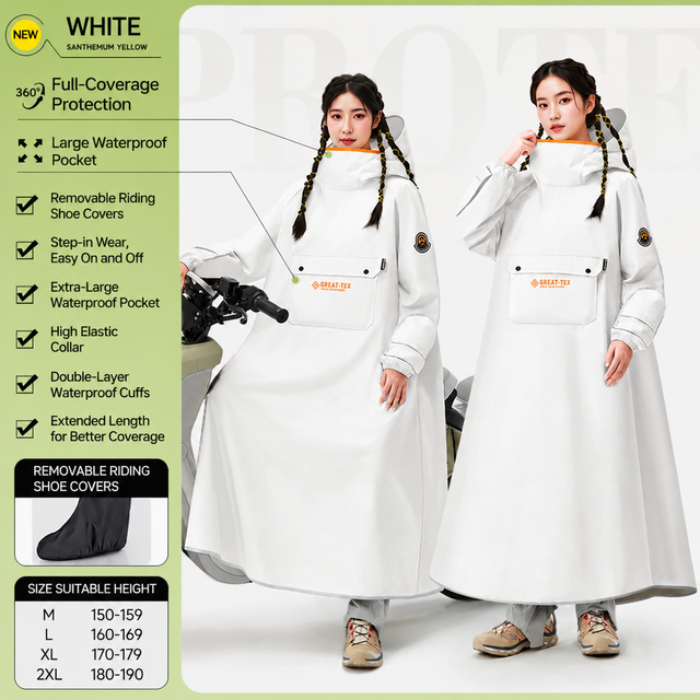 White Full Coverage & Extended Cycling Hooded Rain Poncho with Detachable Shoe Covers XL Size