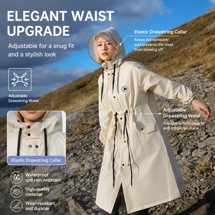 White Full-Cover Hooded EVA Raincoat, Long Trench Coat Waterproof Rain Poncho with Adjustable Waist & Collar Drawstring, Zipper & Snap Windproof Closure, Extended Clear Brim and Covered Pockets for Dailywear Cycling Hiking Camping Use, M Size