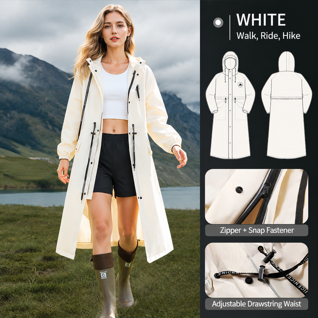 White Full-Cover Hooded EVA Raincoat Long Trench Coat Waterproof Rain Poncho with Adjustable Waist