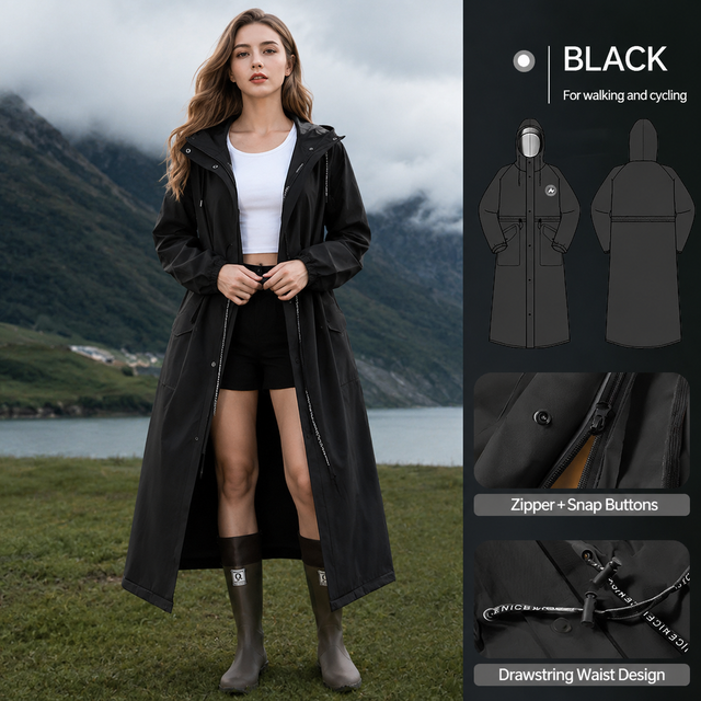 Black Full-Cover Hooded EVA Raincoat Long Trench Coat Waterproof Rain Poncho with Adjustable Waist