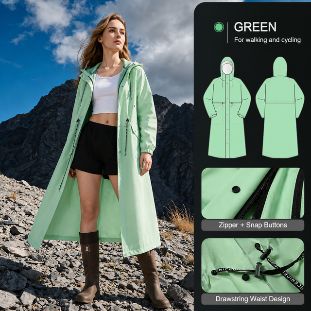 Green Full-Cover Hooded EVA Raincoat Long Trench Coat Waterproof Windproof Rain Poncho with