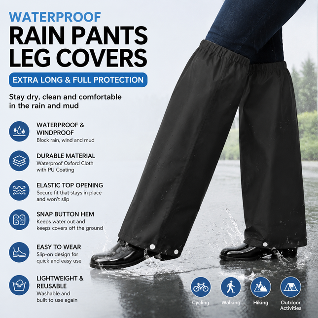 Black Waterproof Rain Leg Covers and Long Half Rain Pants Quick Pull-On with Adjustable Elastic Top (1 Pair