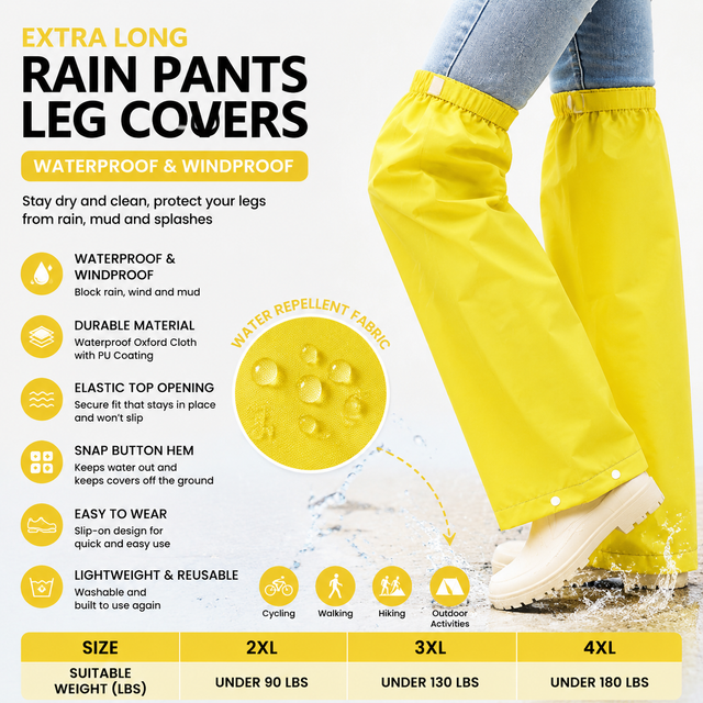 Yellow Waterproof Rain Leg Covers and Long Half Rain Pants Quick Pull-On with Adjustable Elastic Top (1 Pair