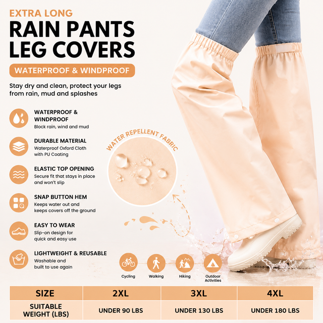 Beige Waterproof Rain Leg Covers and Long Half Rain Pants Quick Pull-On with Adjustable Elastic Top (1 Pair
