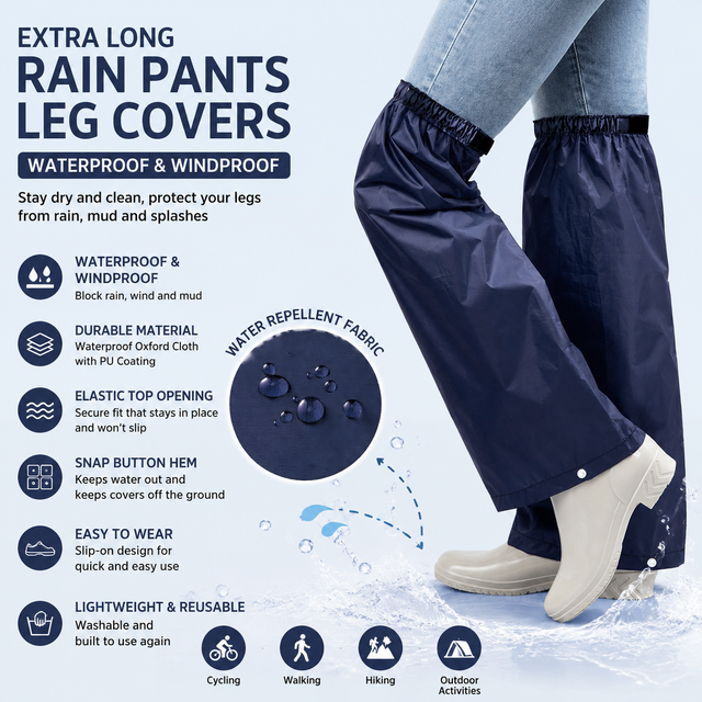 Navy Blue Waterproof Rain Leg Covers and Long Half Rain Pants Quick Pull-On with Adjustable Elastic (1 Pair