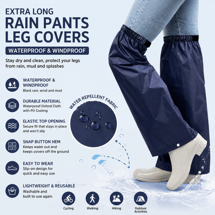 Navy Blue Waterproof Rain Leg Covers and Long Half Rain Pants Quick Pull-On with Adjustable Elastic (1 Pair