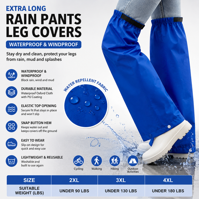 Royal Blue Waterproof Rain Leg Covers and Long Half Rain Pants Quick Pull-On with Adjustable Elastic (1 Pair
