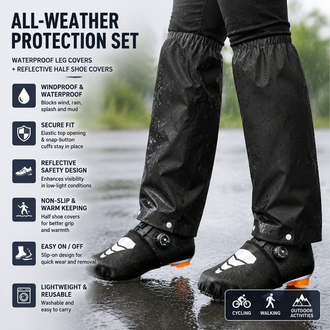Black Waterproof Windproof Cycling Shoe Covers & Long Half Rain Pants Set 2 Pairs Nonslip