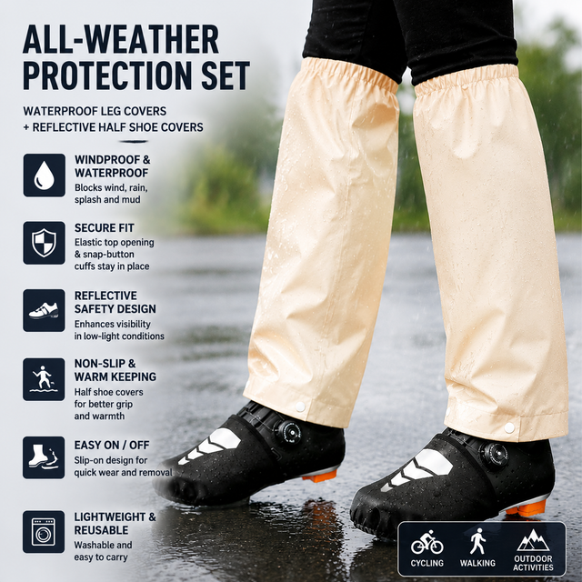Beige Waterproof Windproof Cycling Shoe Covers & Long Half Rain Pants Set 2 Pairs Nonslip
