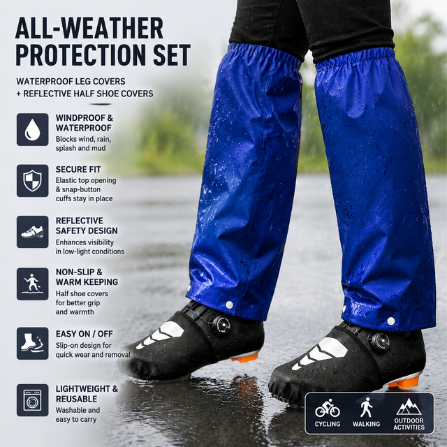 Royal Blue Waterproof Windproof Cycling Shoe Covers & Long Half Rain Pants Set 2 Pairs V888-ELOSUNG52863