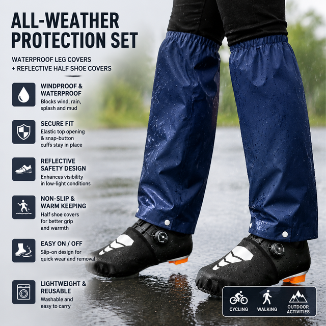 Navy Blue Waterproof Windproof Cycling Shoe Covers & Long Half Rain Pants Set 2 Pairs V888-ELOSUNG52866