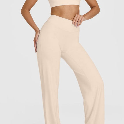 XL Size Apricot High Waisted Flare Yoga Pants for Women - M-Shaped Peach Hip Lifting Wide-Leg Workout Trousers with Soft & Skin Feel Four Way Stretch Fabric, Breathable & Quick Dry