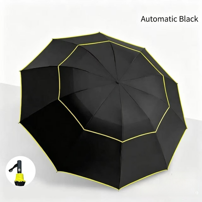 Black Compact 3-Folding Automatic Golf Umbrella 42 Inch Large Coverage Double Canopy with 10