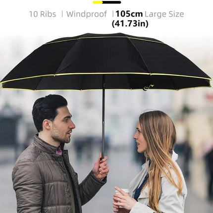 Black Compact 3-Folding Automatic Golf Umbrella, 42 Inch Large Coverage Double Canopy with 10 Steel Windproof Ribs, Waterproof Impact Cloth for Men and Women, Outdoor Sports Sun & Rain Protection