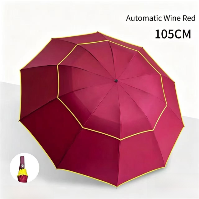Wine Red Compact 3-Folding Automatic Golf Umbrella 42 Inch Large Coverage Double Canopy with 10