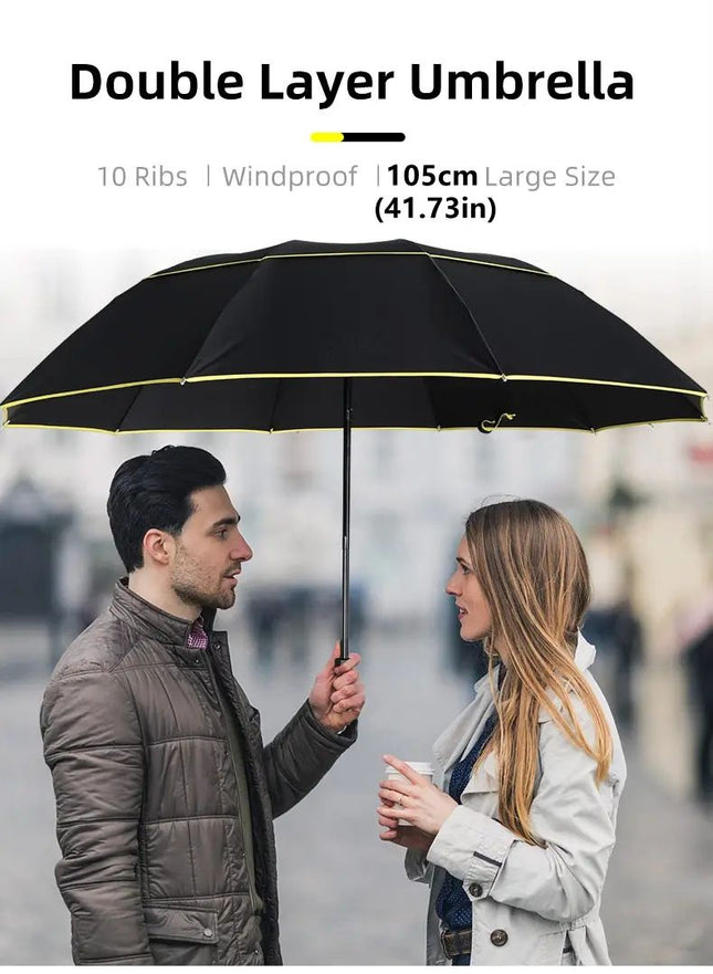 Wine Red Compact 3-Folding Automatic Golf Umbrella 42 Inch Large Coverage Double Canopy with 10 – product detail