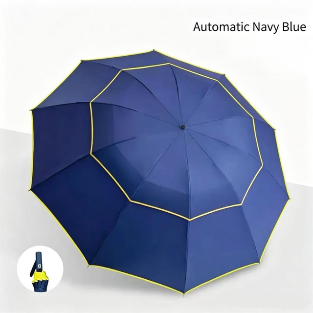 Navy Blue Compact 3-Folding Automatic Golf Umbrella 42 Inch Large Coverage Double Canopy with 10