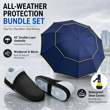 Navy Blue Compact 3-Fold Automatic Golf Umbrella (Dia 42 Inch) + Waterproof Thermal Half Shoe Covers (S Size) with Anti Slip Elastic Strap– Windproof & Stainproof Full Body Rain Protection Kit for Golf, Cycling and Outdoor Activities