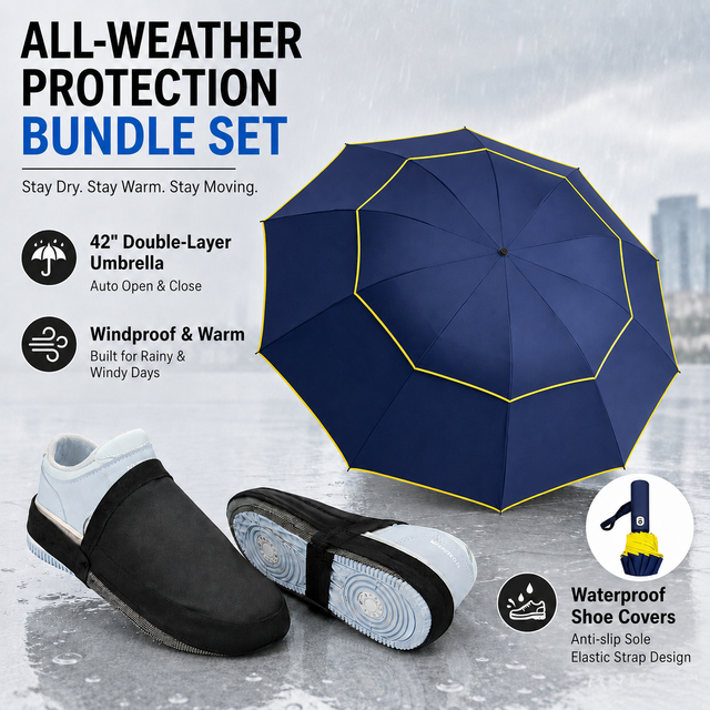 Navy Blue Compact 3-Fold Automatic Golf Umbrella (Dia 42 Inch) Plus Waterproof Thermal Half Shoe